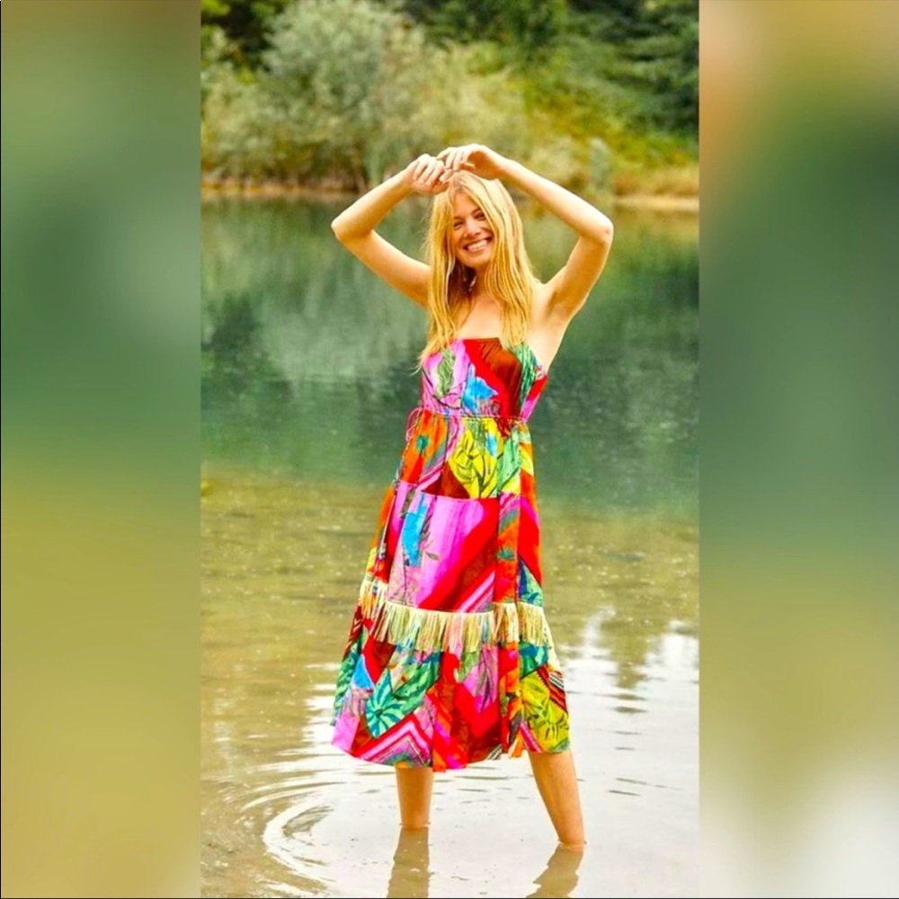 NWT FARM RIO x Anthropologie Palila Fringe Midi Dress Sz XS